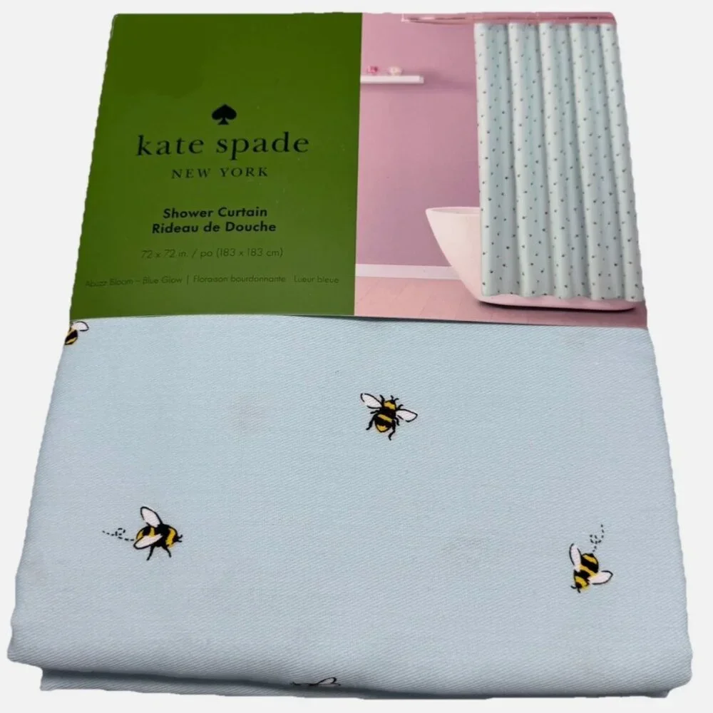 Kate Spade Bumble Bee Fabric Shower Curtain Blue Cotton Blend 72"x72" Summer NEW - Picture 1 of 7